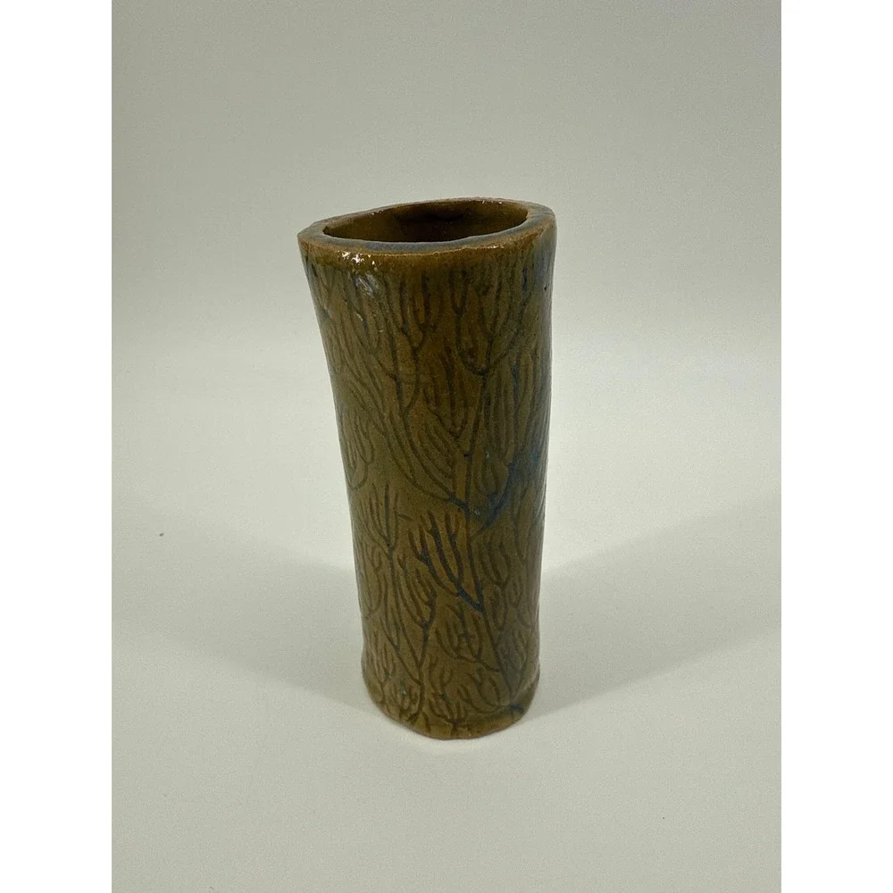 Studio Pottery Bud Vase Brown Blue Glaze 5.5